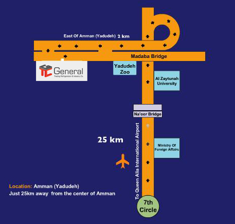 Map of GTC's location in Yadudeh, east of Amman: 2 km from the Madaba Bridge, near Yadudeh Zoo and Al Zaytunah University, about 25 km from 7th Circle along the Queen Alia International Airport road.